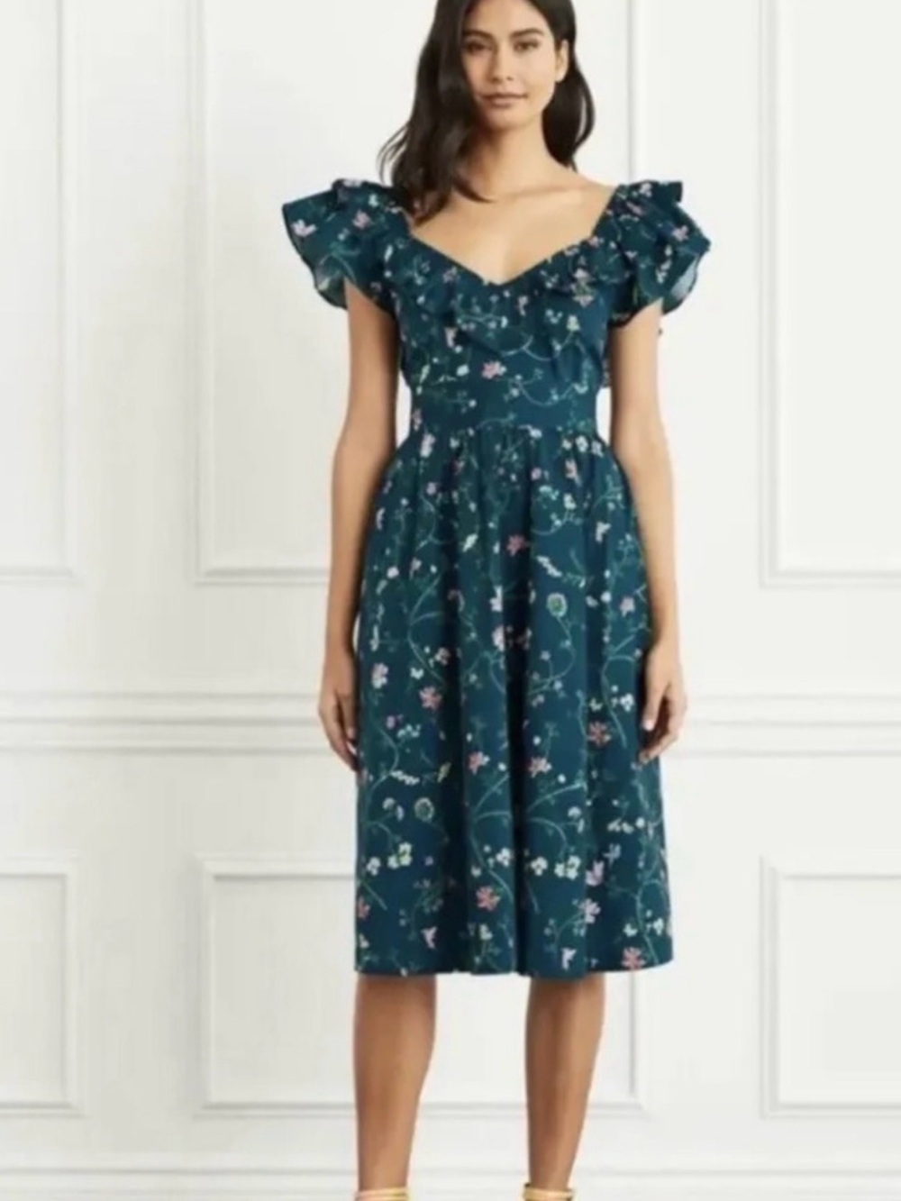 Hill House Teal Floral V-Shaped neckline Midi Dress with Flutter Sleeves